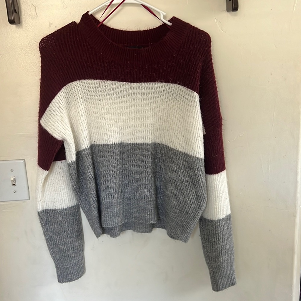 ambiance apparel red, white, and gray knitted sweater
